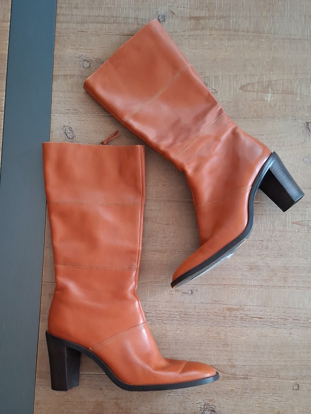 BCBG Cognac/Tan Calf-height Almond-toe Black Heel Leather Boots (Size US 9.5)